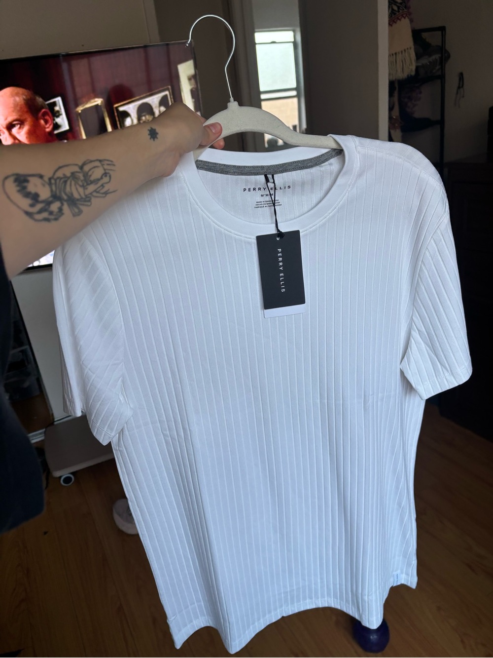 Perry Ellis White Ribbed Crew Neck Short Sleeve Tee